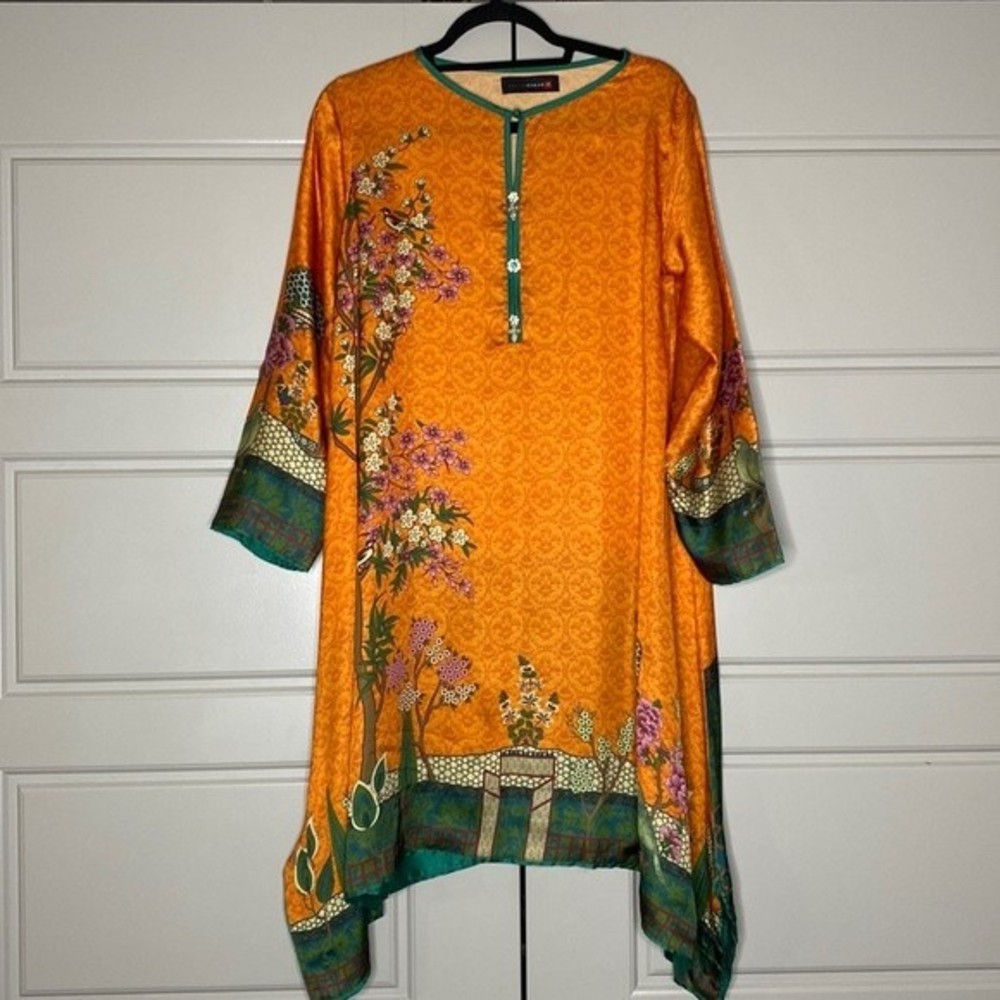 Khaadi Khaas Flower Bird Print Orange Green Kurta Tunic Top